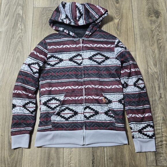 Aeropostale A87 Zip-Up Hooded Sweater Jacket Men's Small Grey Black Maroon Aztec - Picture 1 of 11